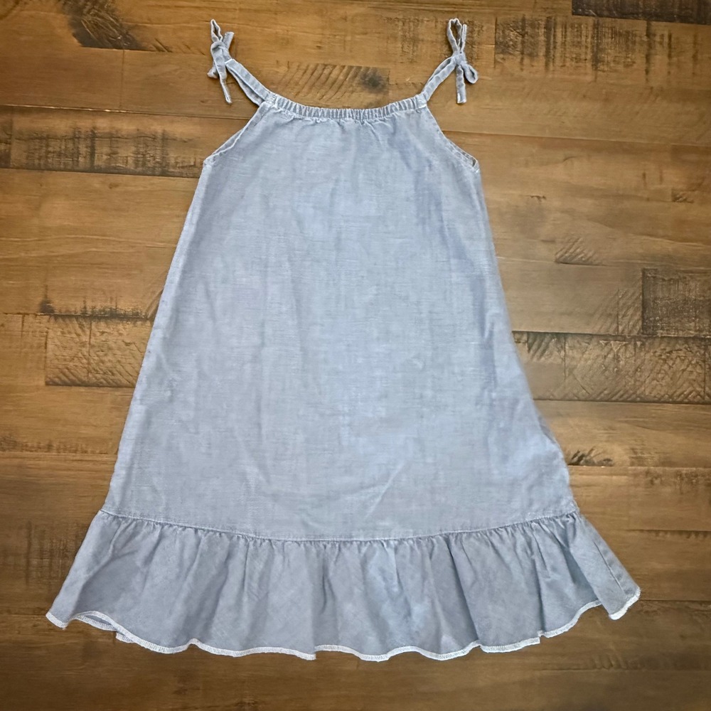 Mini Boden Girls Chambray Ruffle Dress Blue Sleeveless Kids Casual